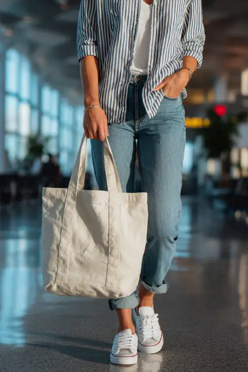A woman wears a loose striped shirt tucked into relaxed boyfriend jeans, paired with white sneakers and a tote bag, walking through an airy airport terminal