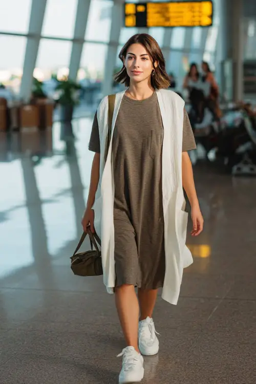 A woman wears a loose t-shirt dress styled with white sneakers and a lightweight cardigan draped over her shoulders