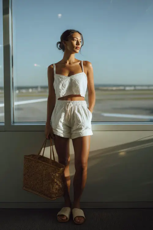 A woman wears a matching cotton co-ord set with a cropped top and relaxed shorts