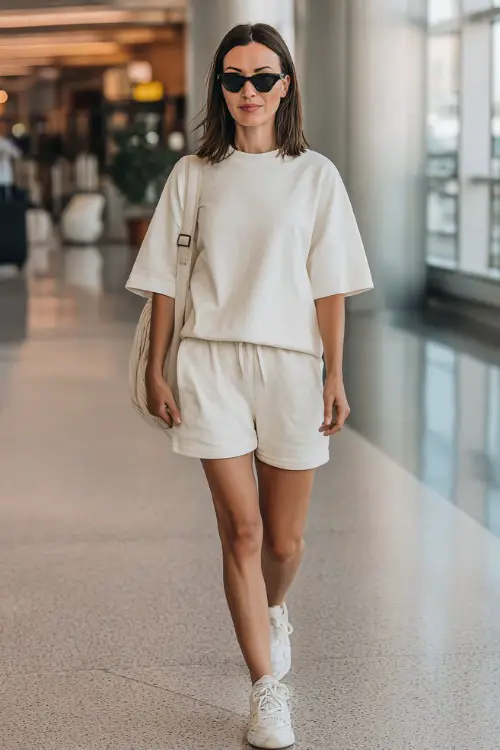 A woman wears a matching cotton co-ord set with a loose t-shirt and shorts, paired with sneakers and oversized sunglasses, walking through a bright airport terminal with a carry-on 