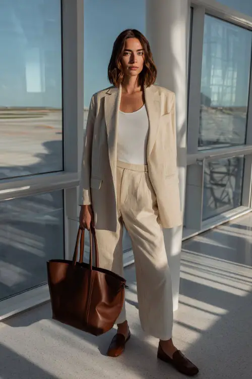 A woman wears a minimalist neutral outfit with a beige oversized blazer, white tank top 