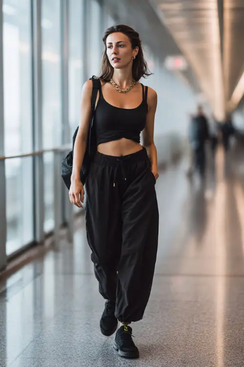 A woman wears a monochrome black aesthetic outfit with a fitted tank top and wide-leg trousers 