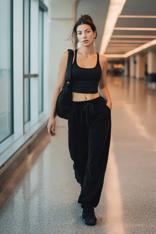 A woman wears a monochrome black aesthetic outfit with a fitted tank top and wide-leg trousers