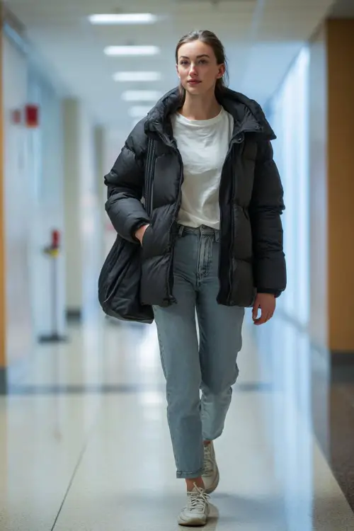 A woman wears a puffer jacket layered over a simple t-shirt and straight-leg jeans, paired with sneakers and a tote bag, unzipping the jacket while walking through an airport hallwa