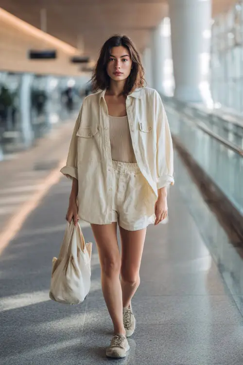 A woman wears a relaxed oversized button-up shirt layered over a tank top and soft shorts, styled with slip-on shoes and a tote bag
