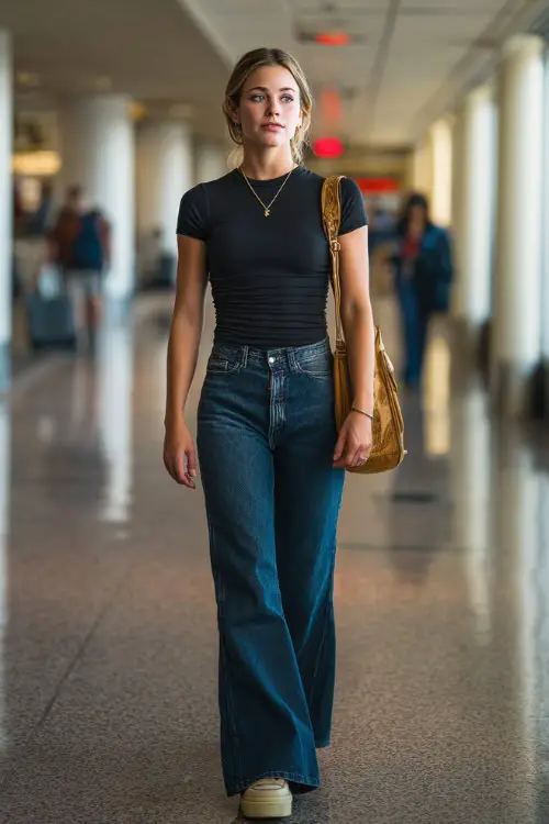 A woman wears a simple fitted t-shirt with high-waisted flared jeans, paired with platform sneakers and a shoulder bag 