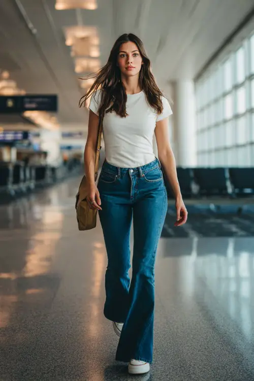 A woman wears a simple fitted t-shirt with high-waisted flared jeans, paired with platform sneakers and a shoulder bag, walking through an airport hallway