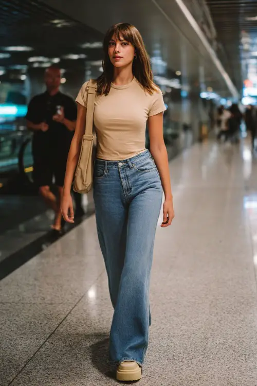 A woman wears a simple fitted t-shirt with high-waisted flared jeans, paired with platform sneakers and a shoulder bag