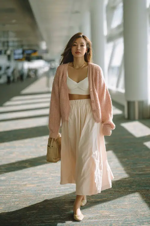 A woman wears a soft girl aesthetic outfit with a pastel cardigan over a cropped top and a flowy midi skirt