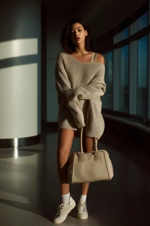 A woman wears a soft knit sweater over a slip dress, paired with sneakers and a structured handbag, draping the sweater over her shoulders while standing in an airport lounge 
