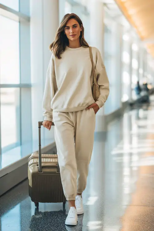 A woman wears a soft oversized sweatshirt with matching jogger pants, styled with clean white sneakers and a crossbody bag 