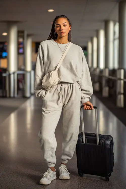 A woman wears a soft oversized sweatshirt with matching jogger pants, styled with clean white sneakers and a crossbody bag