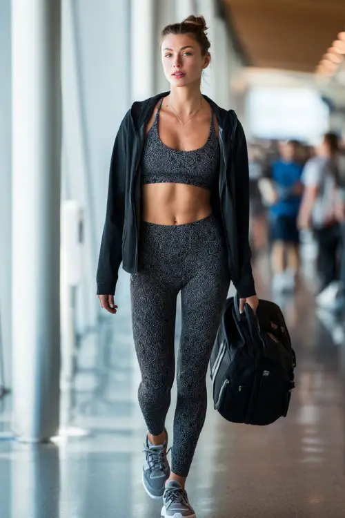 A woman wears a sporty chic aesthetic outfit with a fitted crop top and high-waisted leggings
