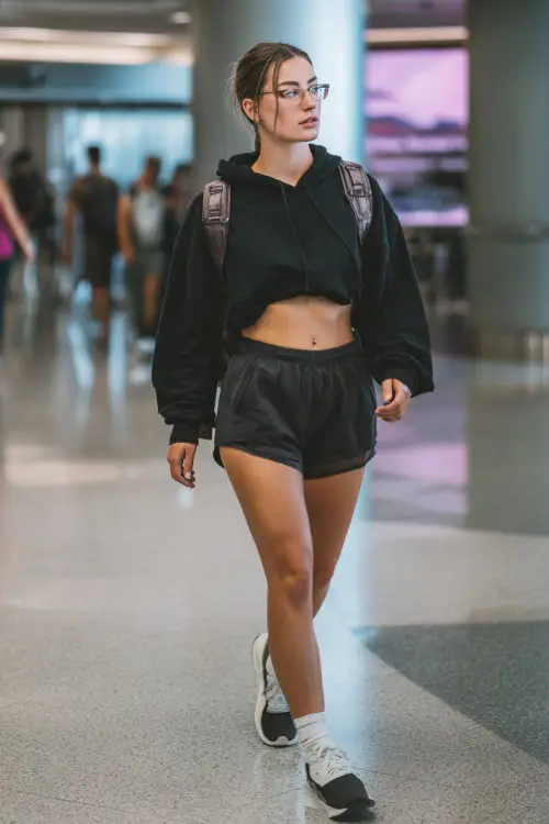 A woman wears a sporty chic outfit with a cropped hoodie and high-waisted jogger shorts