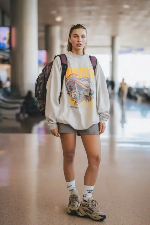 A woman wears a street style aesthetic outfit with an oversized graphic sweatshirt and biker shorts 