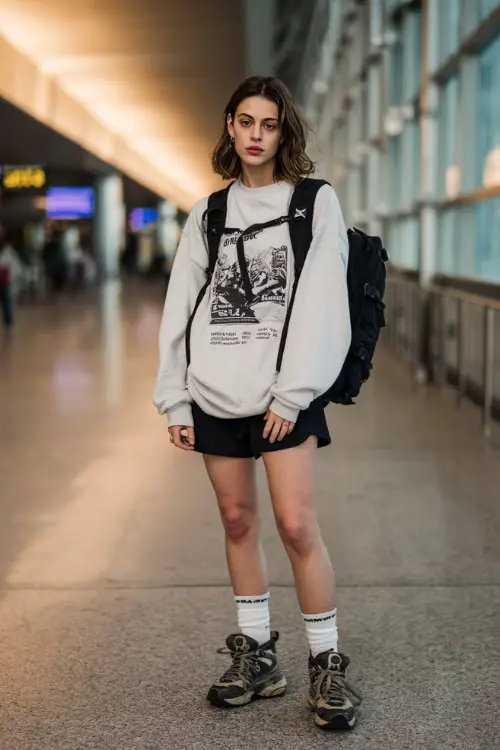A woman wears a street style aesthetic outfit with an oversized graphic sweatshirt and biker shorts
