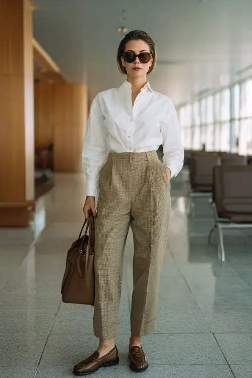 A woman wears an old money aesthetic outfit with a crisp white button-down shirt tucked into high-waisted trousers 