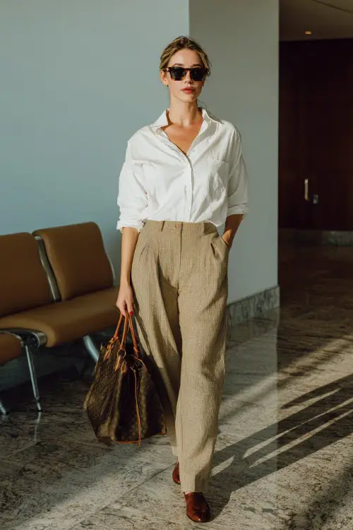 A woman wears an old money aesthetic outfit with a crisp white button-down shirt tucked into high-waisted trousers 