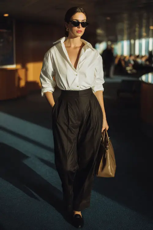A woman wears an old money aesthetic outfit with a crisp white button-down shirt tucked into high-waisted trousers