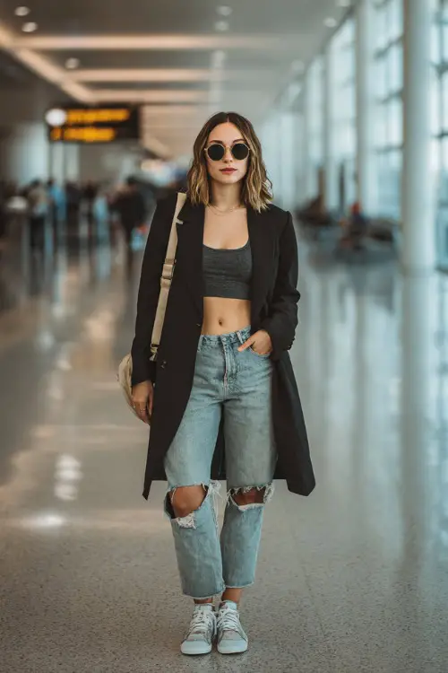 A woman wears an oversized blazer layered over a crop top and ripped jeans, styled with sneakers and a crossbody bag