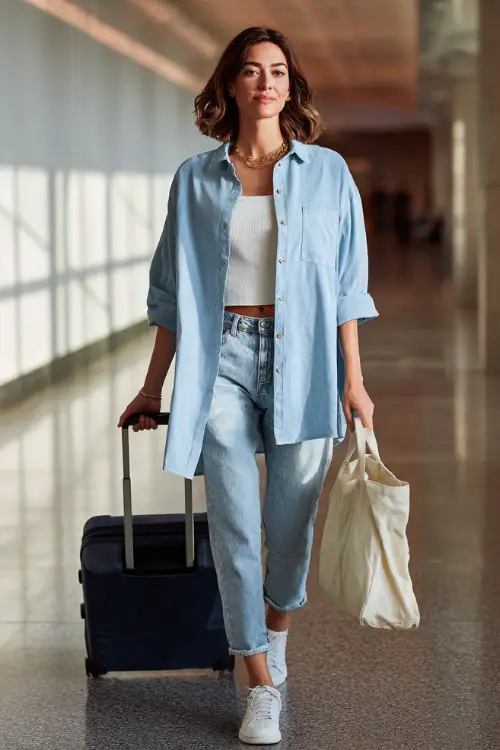A woman wears an oversized button-down shirt layered over a simple crop top and light-wash jeans, paired with sneakers and a tote bag
