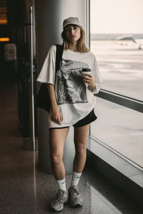 A woman wears an oversized graphic t-shirt tucked into biker shorts, styled with chunky sneakers 