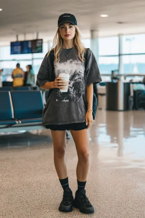 A woman wears an oversized graphic t-shirt tucked into biker shorts, styled with chunky sneakers