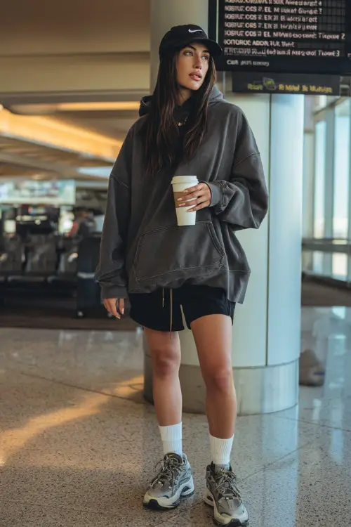A woman wears an oversized hoodie with biker shorts, styled with chunky sneakers, crew socks, and a baseball cap, holding a coffee near the boarding gate