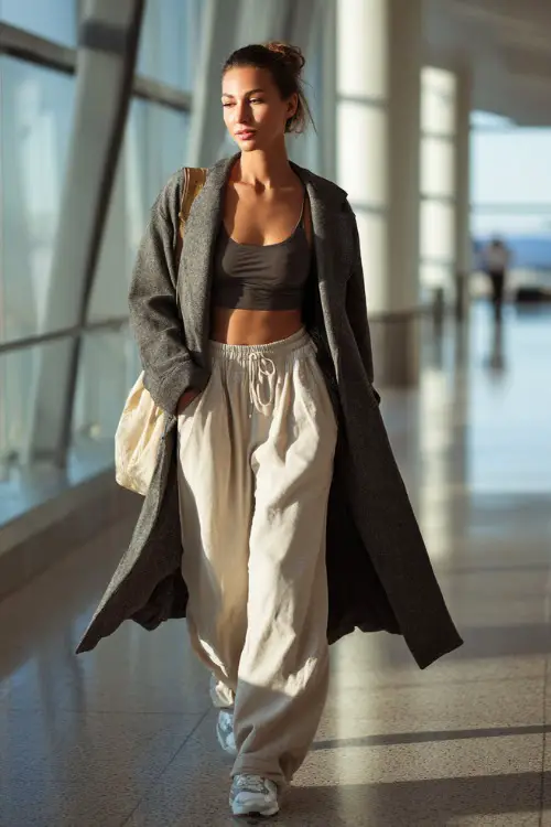 A woman wears an oversized wool coat over a simple tank top and high-waisted wide-leg pants, paired with sneakers and a crossbody bag