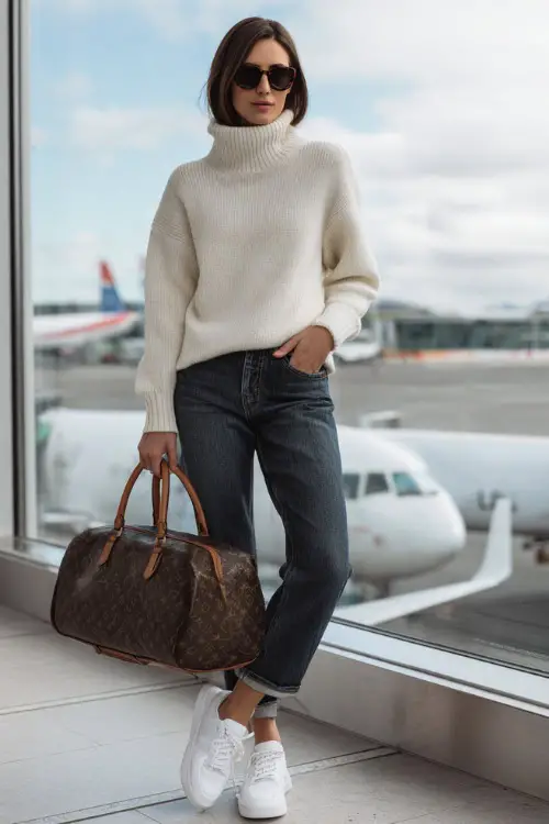 Full body image of a sophisticated woman in a cozy yet chic outfit a cashmere turtleneck sweater in ivory, tailored dark wash straight-leg jeans and white leather sneakers