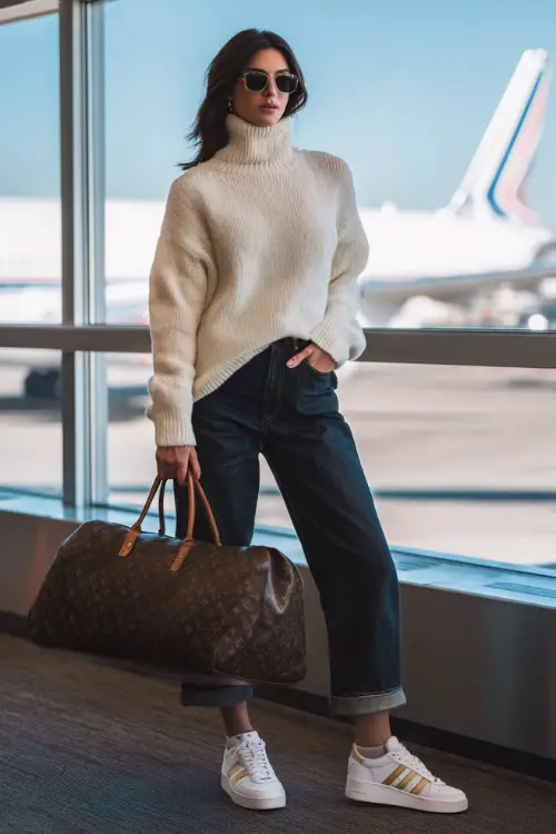 Full body image of a sophisticated woman in a cozy yet chic outfit a cashmere turtleneck sweater in ivory, tailored dark wash straight-leg jeans