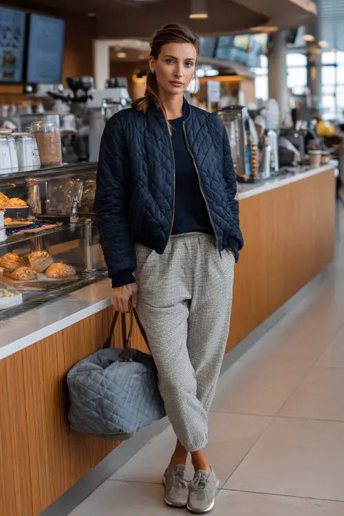 Full body image of a stylish woman in a cozy fleece-lined zip-up jacket in navy blue over a fitted long-sleeve shirt and slim jogger pants 