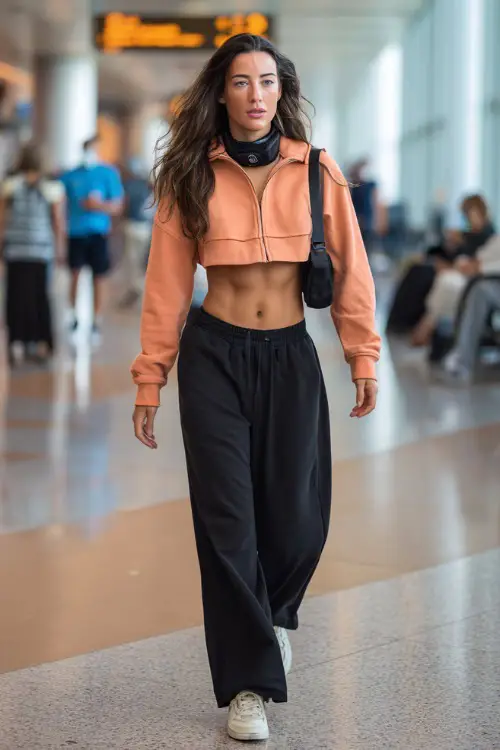 Full body image of a trendy woman in a chic athleisure outfit a cropped zip-up sweatshirt in terracotta over high-waist wide-leg track pants