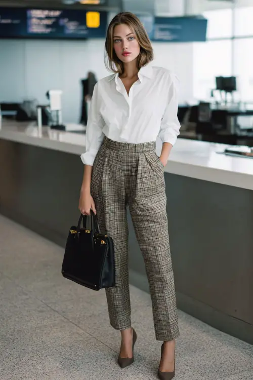 Full body photograph of a chic woman wearing a crisp white button-down shirt tucked into high-waist tailored plaid trousers, paired with pointed-toe heels and a sleek black handbag 