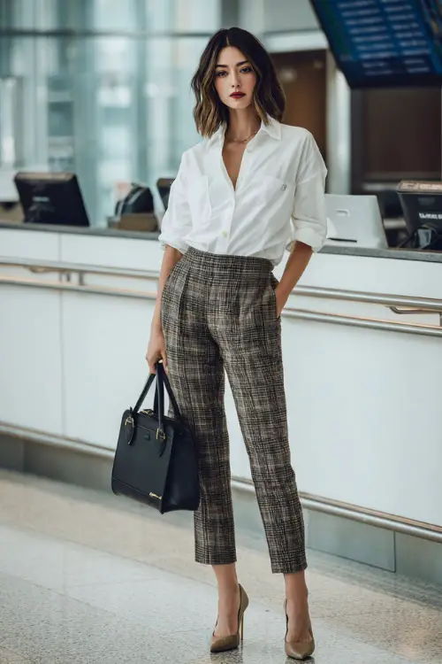 Full body photograph of a chic woman wearing a crisp white button-down shirt tucked into high-waist tailored plaid trousers, paired with pointed-toe heels and a sleek black handbag 