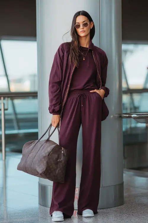 Full body photograph of a sophisticated woman wearing a luxurious matching lounge set in deep plum wide-leg pants and a relaxed long-sleeve top layered with a lightweight packable jacket 