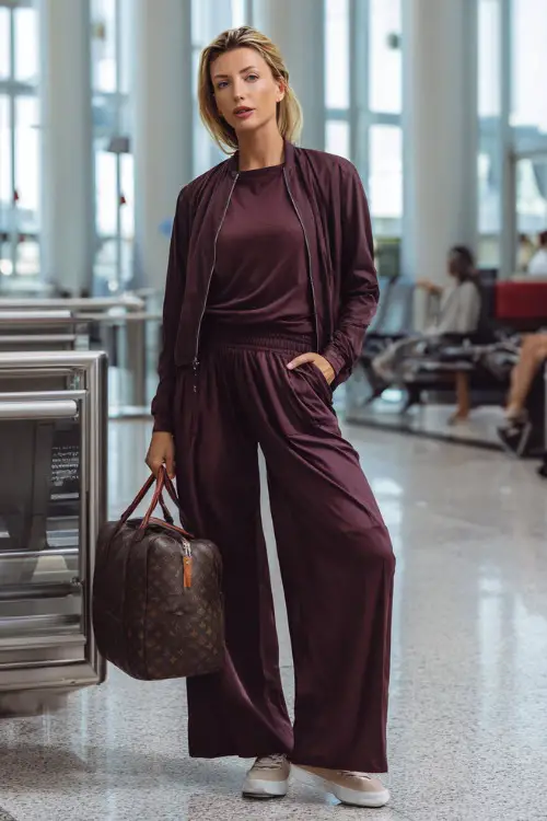 Full body photograph of a sophisticated woman wearing a luxurious matching lounge set in deep plum wide-leg pants and a relaxed long-sleeve top layered with a lightweight packable jacket