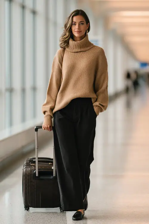 Full body photograph of an elegant woman wearing a soft cashmere oversized sweater in warm camel tucked loosely into stretchy wide-leg pants in black 