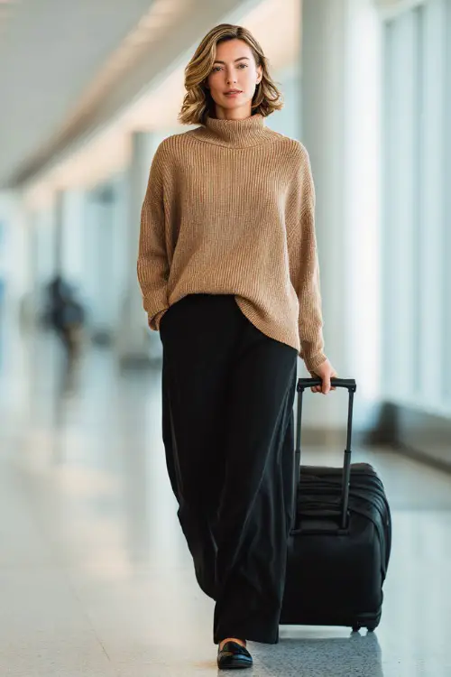 Full body photograph of an elegant woman wearing a soft cashmere oversized sweater in warm camel tucked loosely into stretchy wide-leg pants in black