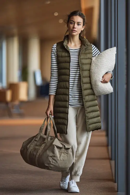 Full body portrait of a fashionable woman wearing a lightweight long puffer vest in olive green over a striped long-sleeve shirt, paired with straight-leg jersey pants and white sneakers