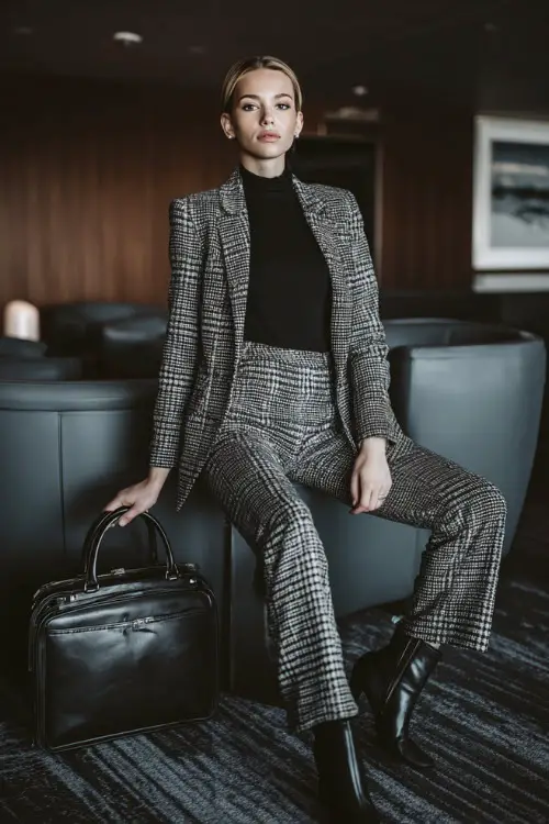 Full body portrait of a stylish woman wearing a bold plaid blazer suit in black and white with a fitted turtleneck underneath, paired with heeled Chelsea boots and a sleek leather briefcase 
