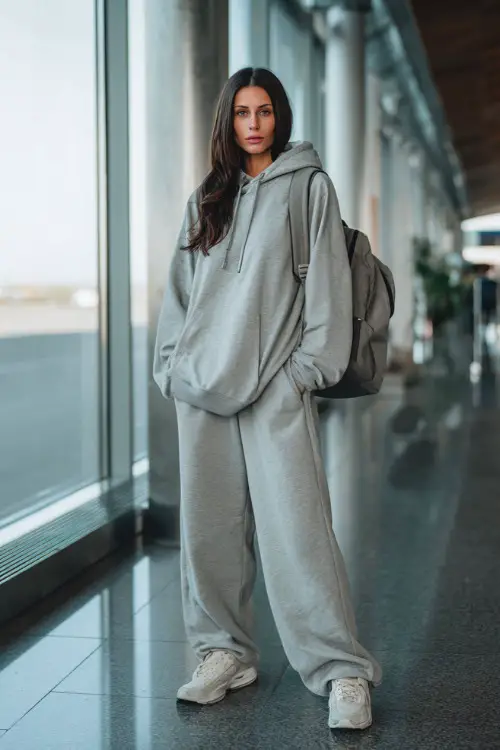 Full body portrait of a stylish woman wearing a matching oversized hoodie and wide-leg sweatpants set in soft heather grey, paired with chunky white sneakers and a sleek backpack