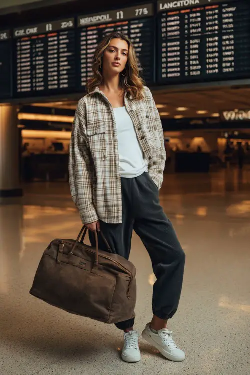 Full body portrait of a stylish woman wearing a soft oversized button-up flannel shirt in muted plaid over a fitted white long-sleeve top and straight-leg dark joggers 