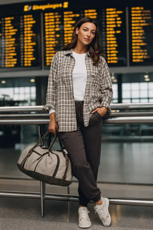 Full body portrait of a stylish woman wearing a soft oversized button-up flannel shirt in muted plaid over a fitted white long-sleeve top and straight-leg dark joggers