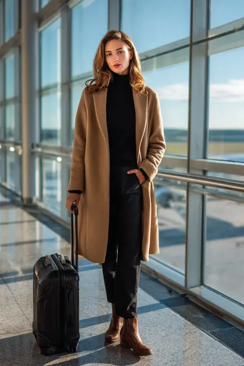 Full body portrait of an elegant woman wearing a tailored camel overcoat over a black turtleneck and slim-fit trousers, paired with leather ankle boots and a structured carry-on luggage 