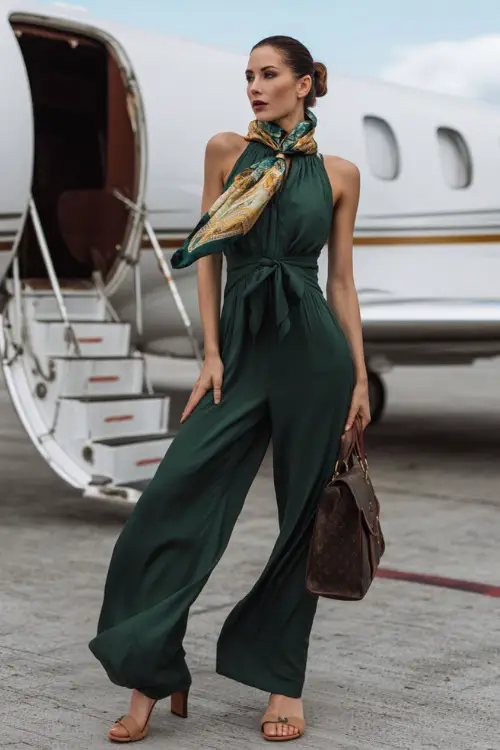 Full body shot of a graceful woman dressed in a flowing wide-leg jumpsuit in deep forest green with a fitted waist, paired with strappy heeled sandals