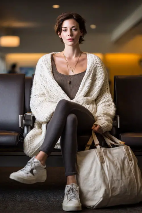 Full body shot of a polished woman dressed in a wrap-style knit cardigan in cream over a simple ribbed tank top and high-waist leggings in charcoal