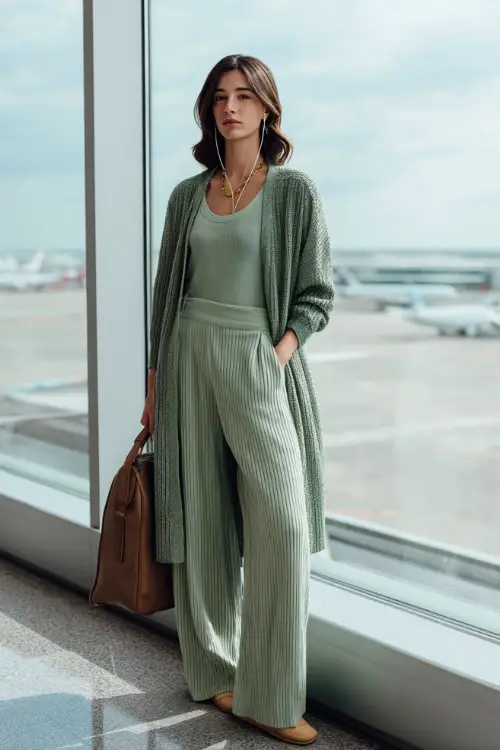 Full body shot of an elegant woman dressed in a tailored yet comfortable matching set a longline ribbed cardigan in sage green over matching wide-leg ribbed pants