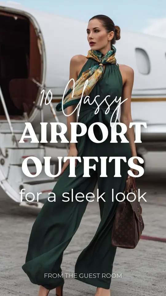 a woman in a classy airport outfit with with flowing wide-leg jumpsuit in deep forest green with a fitted waist