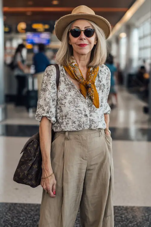 a woman over 50 wears a floral print top with flowy pants at the airport